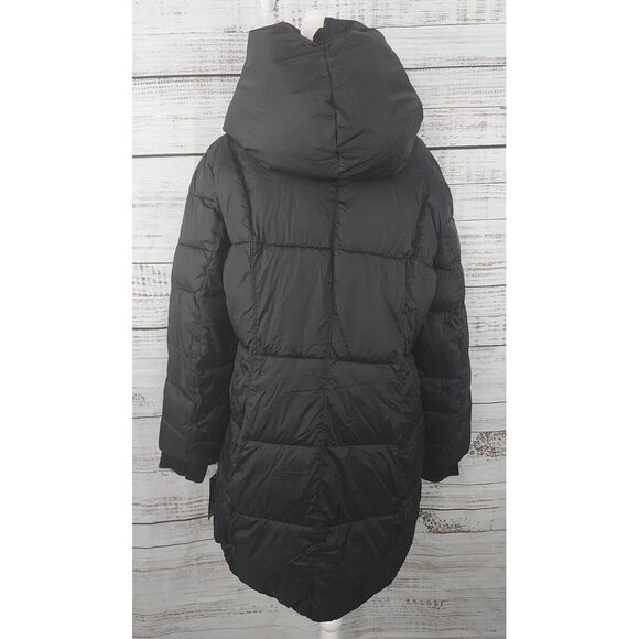 French Connection Jacket XL Black Asymmetrical Zip-Up Hooded Puffer Long NEW - Picture 5 of 8